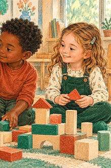 Three children build with blocks as one raises a stop hand and another respectfully pauses