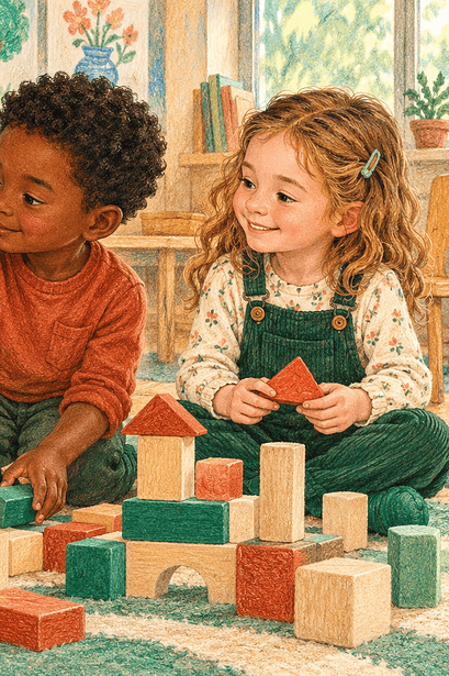 Three children build with blocks as one raises a stop hand and another respectfully pauses