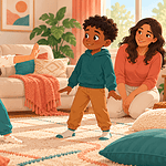 Two children pause a pillow game after one child raises a stop hand, with a caregiver nearby