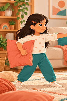 Two children pause a pillow game after one child raises a stop hand, with a caregiver nearby