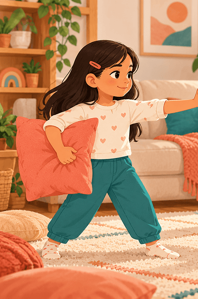 Two children pause a pillow game after one child raises a stop hand, with a caregiver nearby