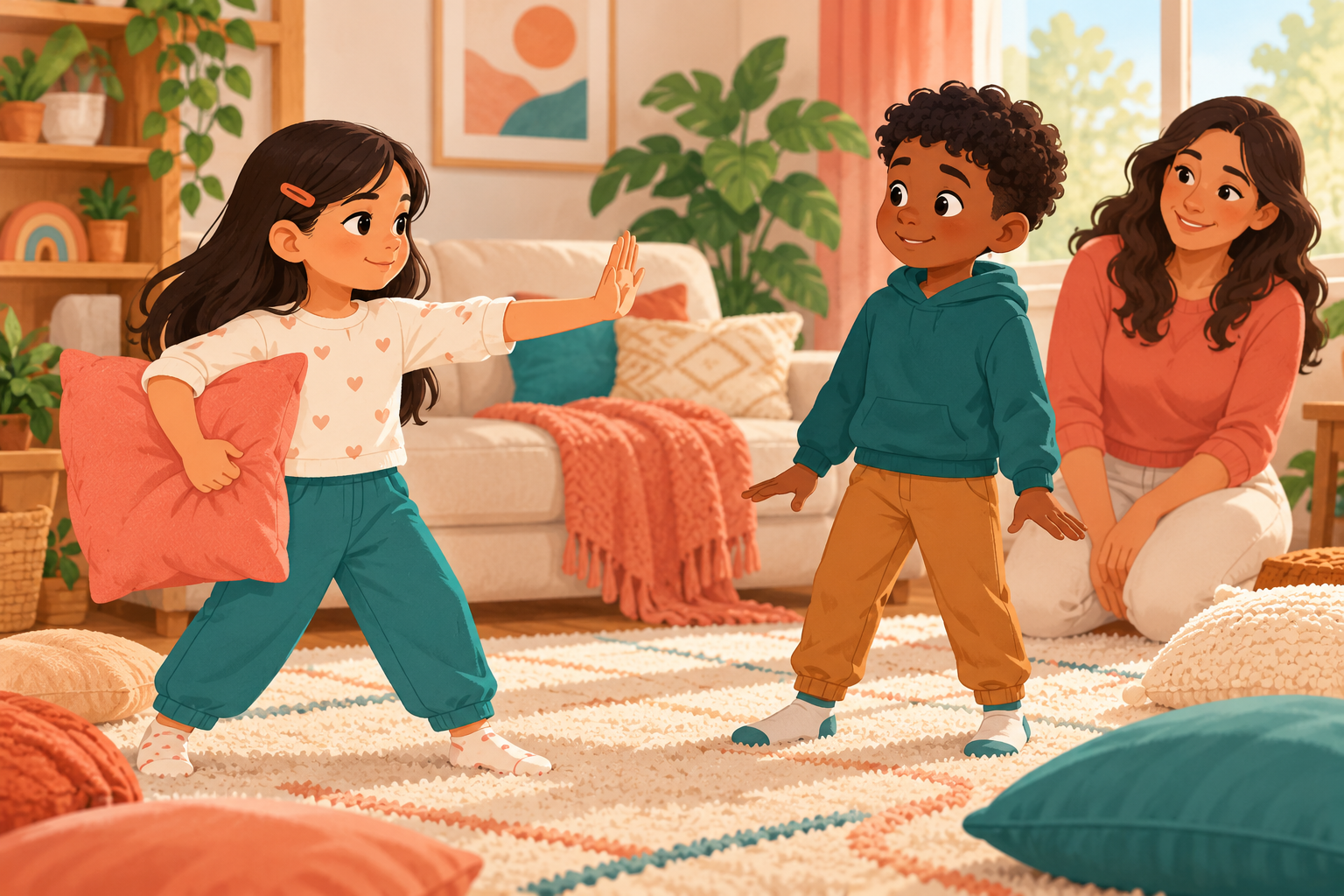 Two children pause a pillow game after one child raises a stop hand, with a caregiver nearby