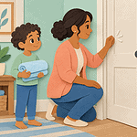 A caregiver knocks on a partly closed bathroom door while a fully clothed child holds a towel