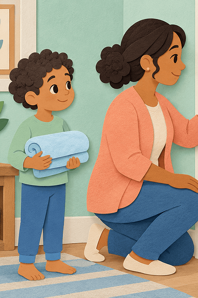 A caregiver knocks on a partly closed bathroom door while a fully clothed child holds a towel