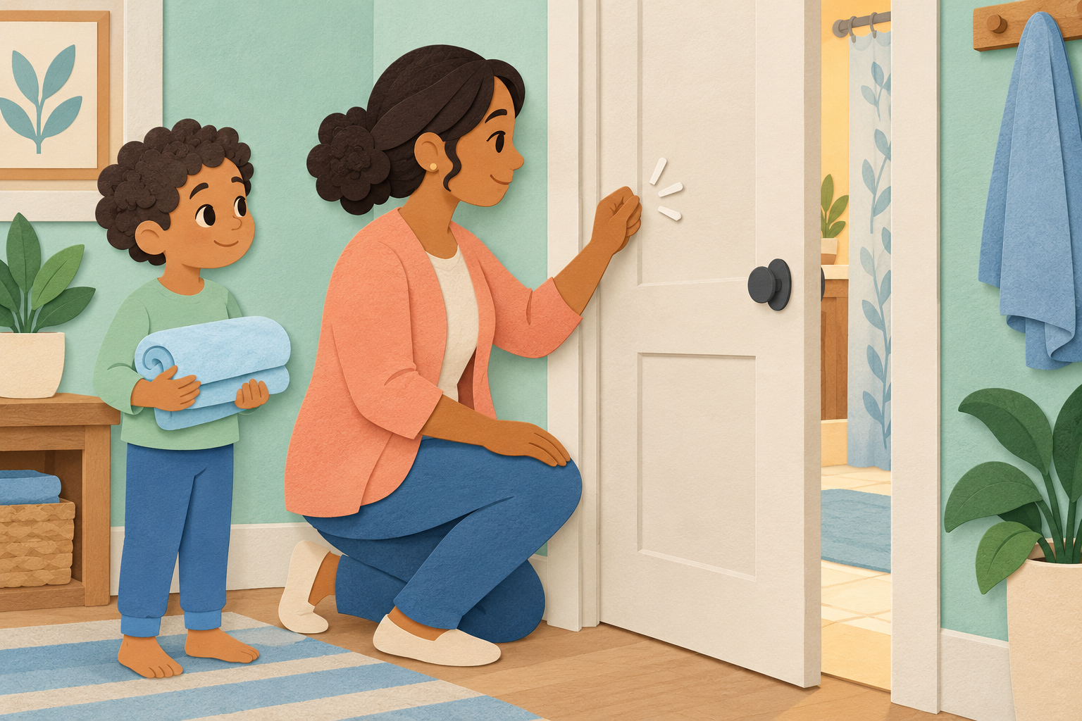 A caregiver knocks on a partly closed bathroom door while a fully clothed child holds a towel