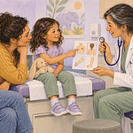 A doctor explains a stethoscope to a child seated beside a parent in a clinic
