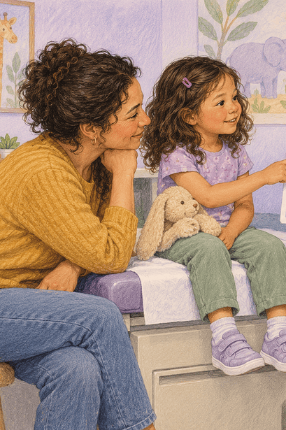 A doctor explains a stethoscope to a child seated beside a parent in a clinic