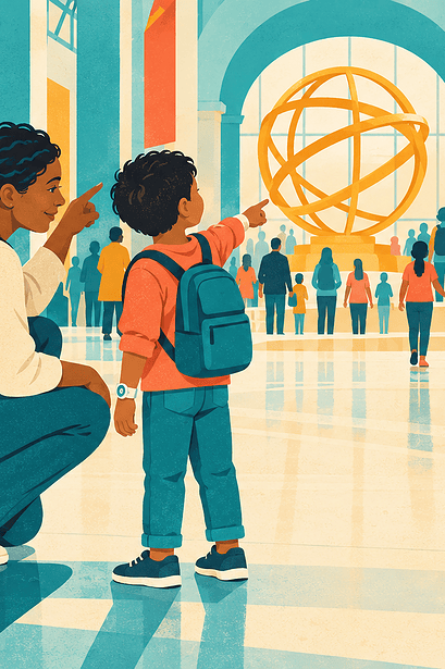 A parent and child point to a bright museum landmark chosen as their meeting place