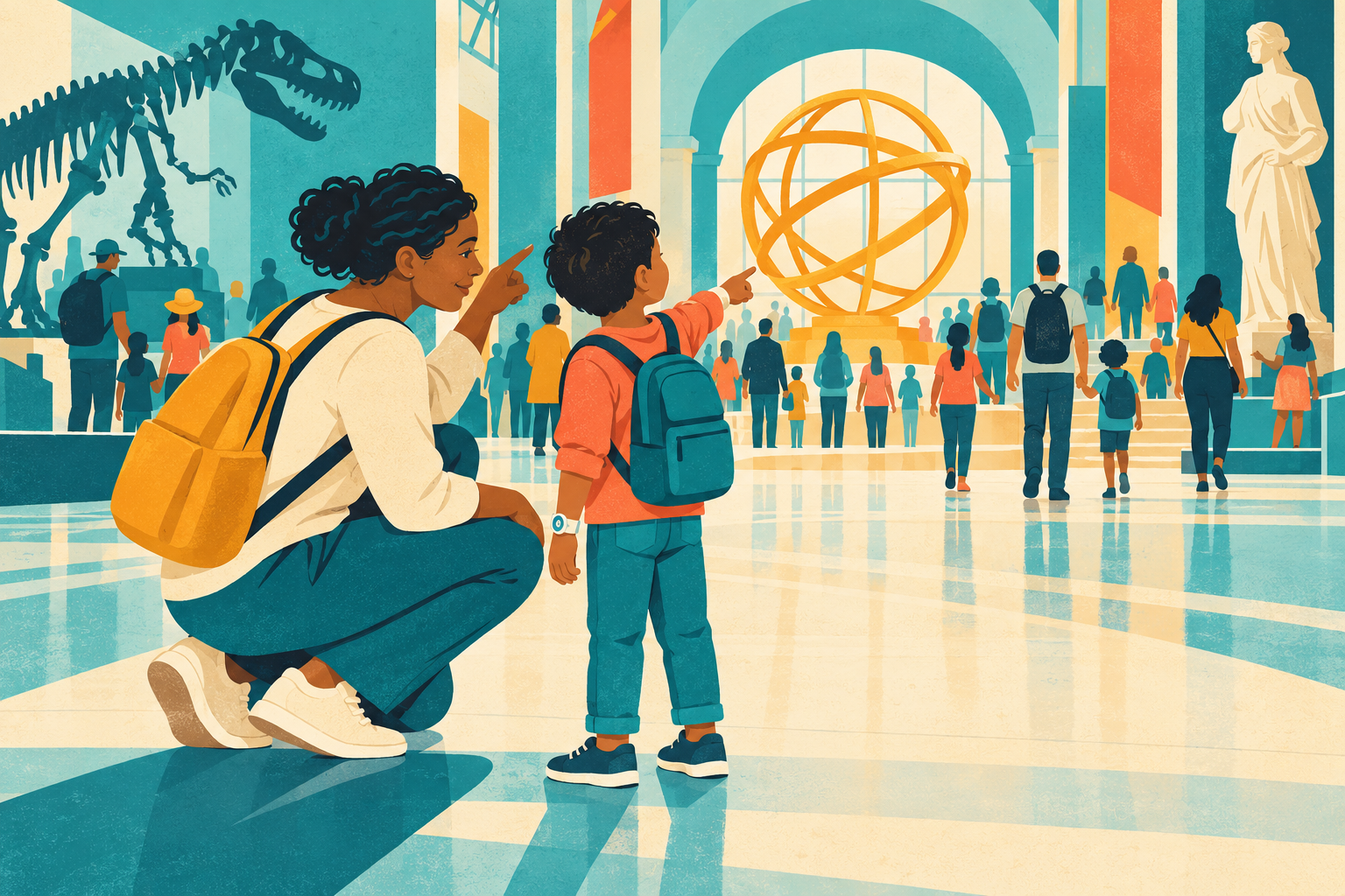 A parent and child point to a bright museum landmark chosen as their meeting place