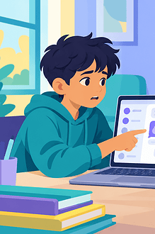 An older child points to a warning symbol on a laptop while a caregiver listens calmly