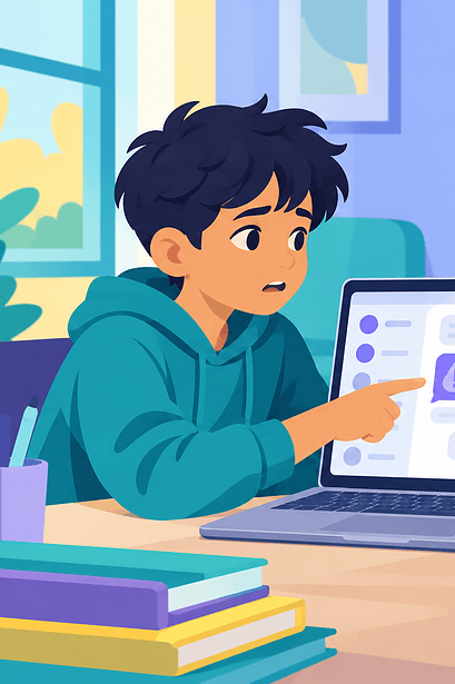An older child points to a warning symbol on a laptop while a caregiver listens calmly