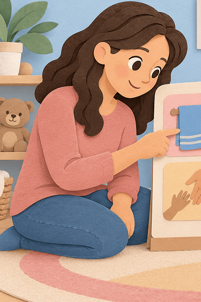 A caregiver and preschool child use a picture board with a towel, door and helping hands