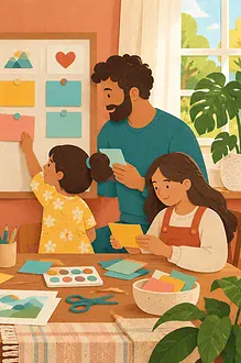 Family arranging blank activity cards on a flexible home-learning board