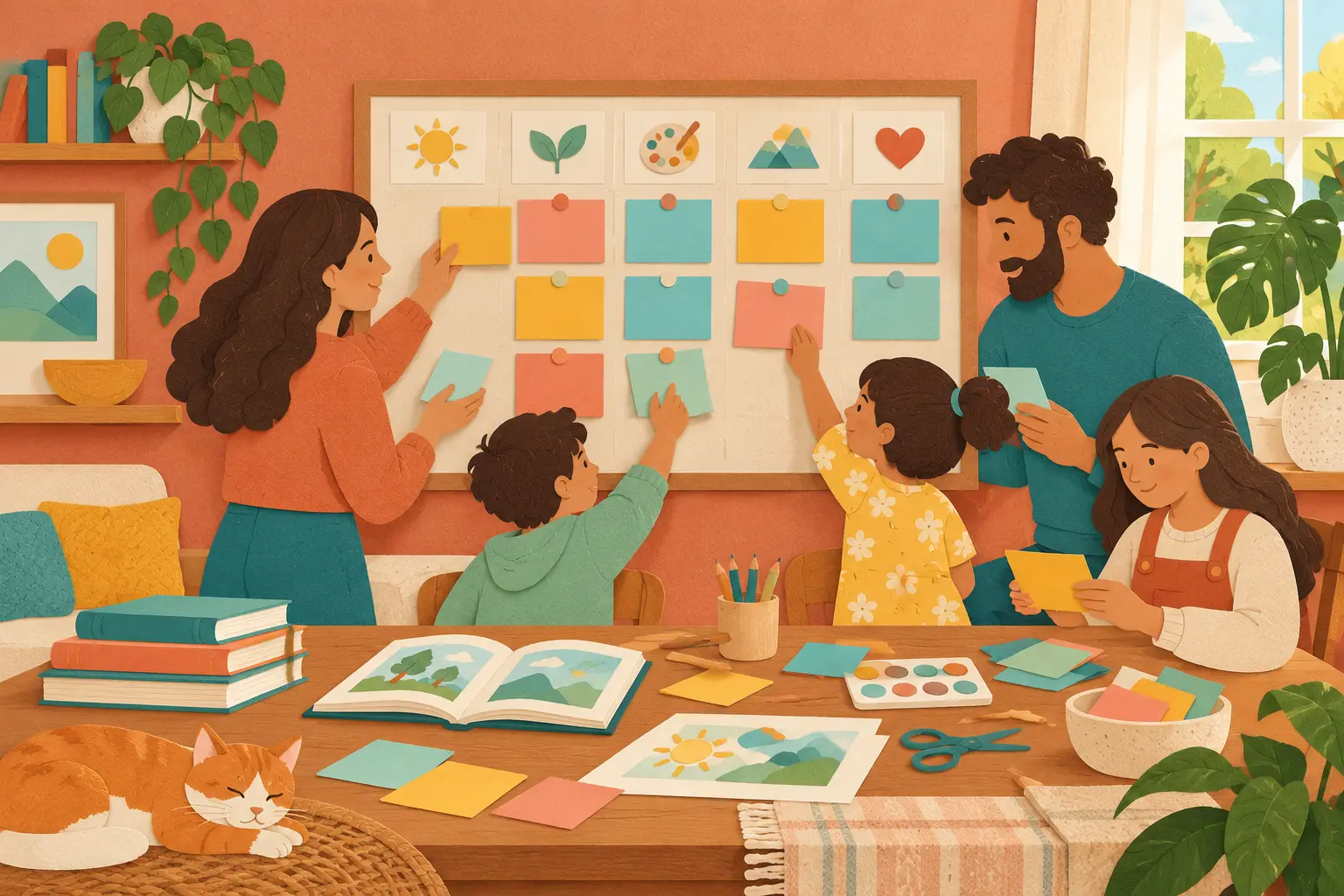 Family arranging blank activity cards on a flexible home-learning board