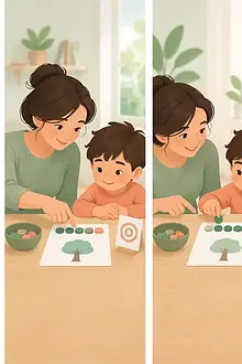 Caregiver models a short lesson before a child tries the task independently