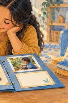 Child and caregiver reviewing drawings, a model and photos in a learning portfolio