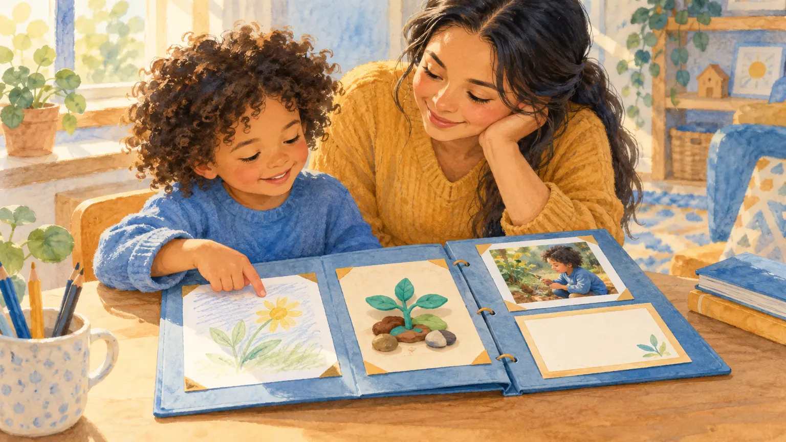 Child and caregiver reviewing drawings, a model and photos in a learning portfolio
