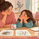 Parent and child calmly choosing between two simple home-learning tasks