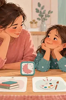 Parent and child calmly choosing between two simple home-learning tasks