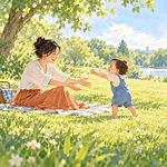 A child reaching toward one caregiver while the other invites play with a ball