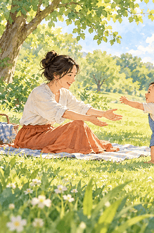 A child reaching toward one caregiver while the other invites play with a ball