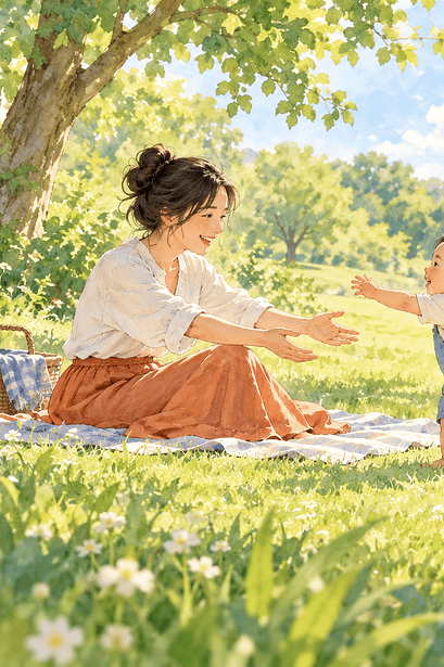 A child reaching toward one caregiver while the other invites play with a ball