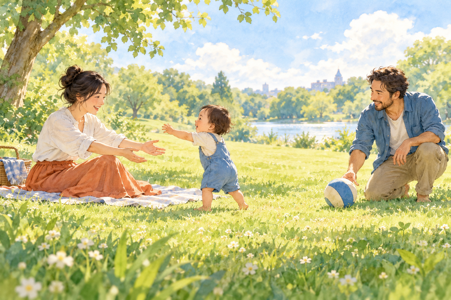 A child reaching toward one caregiver while the other invites play with a ball
