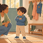 A parent kneeling at eye level beside a preschool child who is reluctant to leave