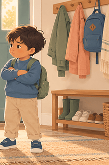 A parent kneeling at eye level beside a preschool child who is reluctant to leave