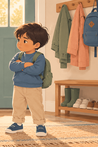 A parent kneeling at eye level beside a preschool child who is reluctant to leave