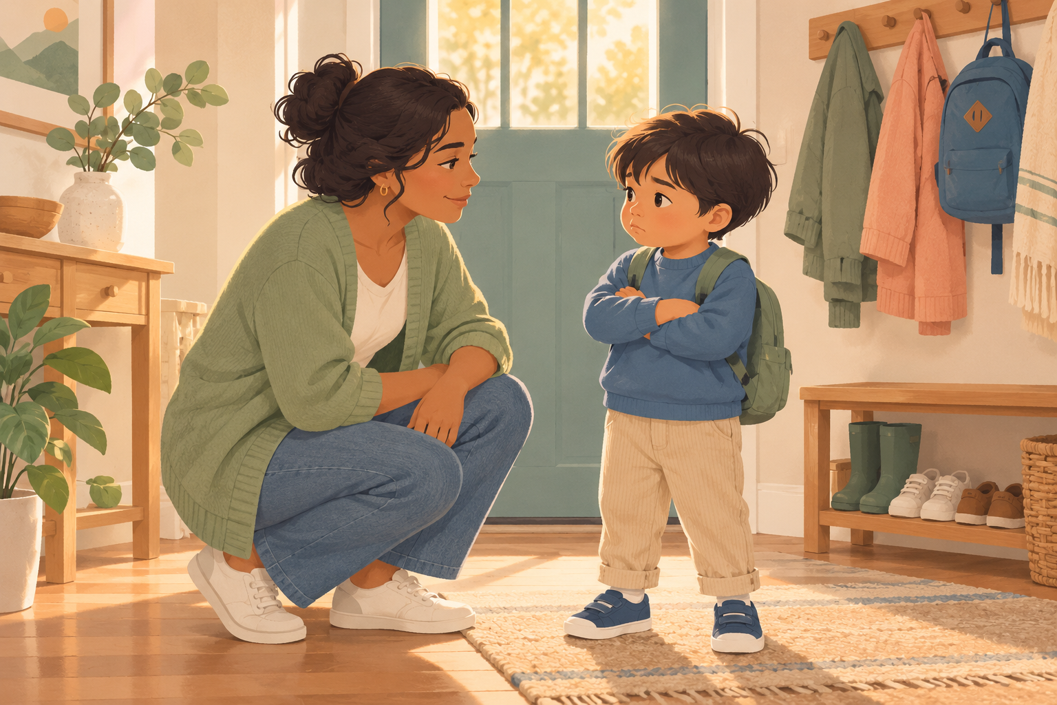 A parent kneeling at eye level beside a preschool child who is reluctant to leave