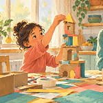 A caregiver watching a child carefully build a cardboard tower