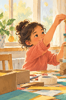 A caregiver watching a child carefully build a cardboard tower