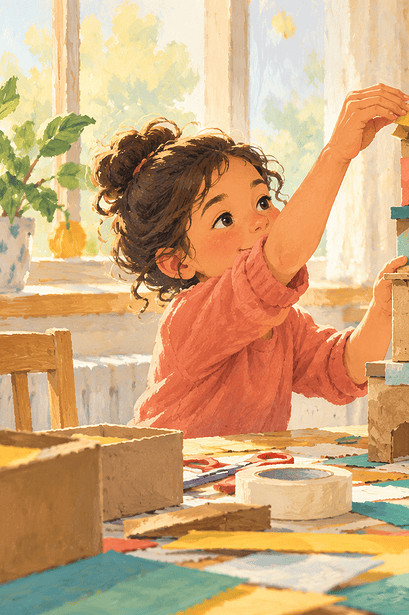 A caregiver watching a child carefully build a cardboard tower