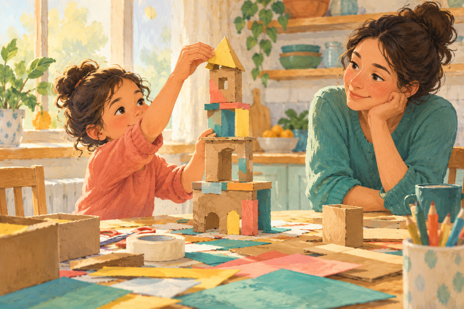 A caregiver watching a child carefully build a cardboard tower