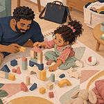 A father and young daughter sharing child-led block play on the floor