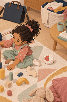 A father and young daughter sharing child-led block play on the floor