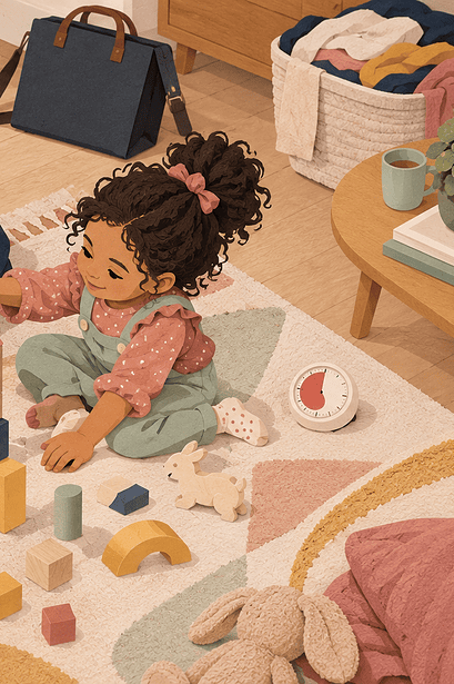 A father and young daughter sharing child-led block play on the floor