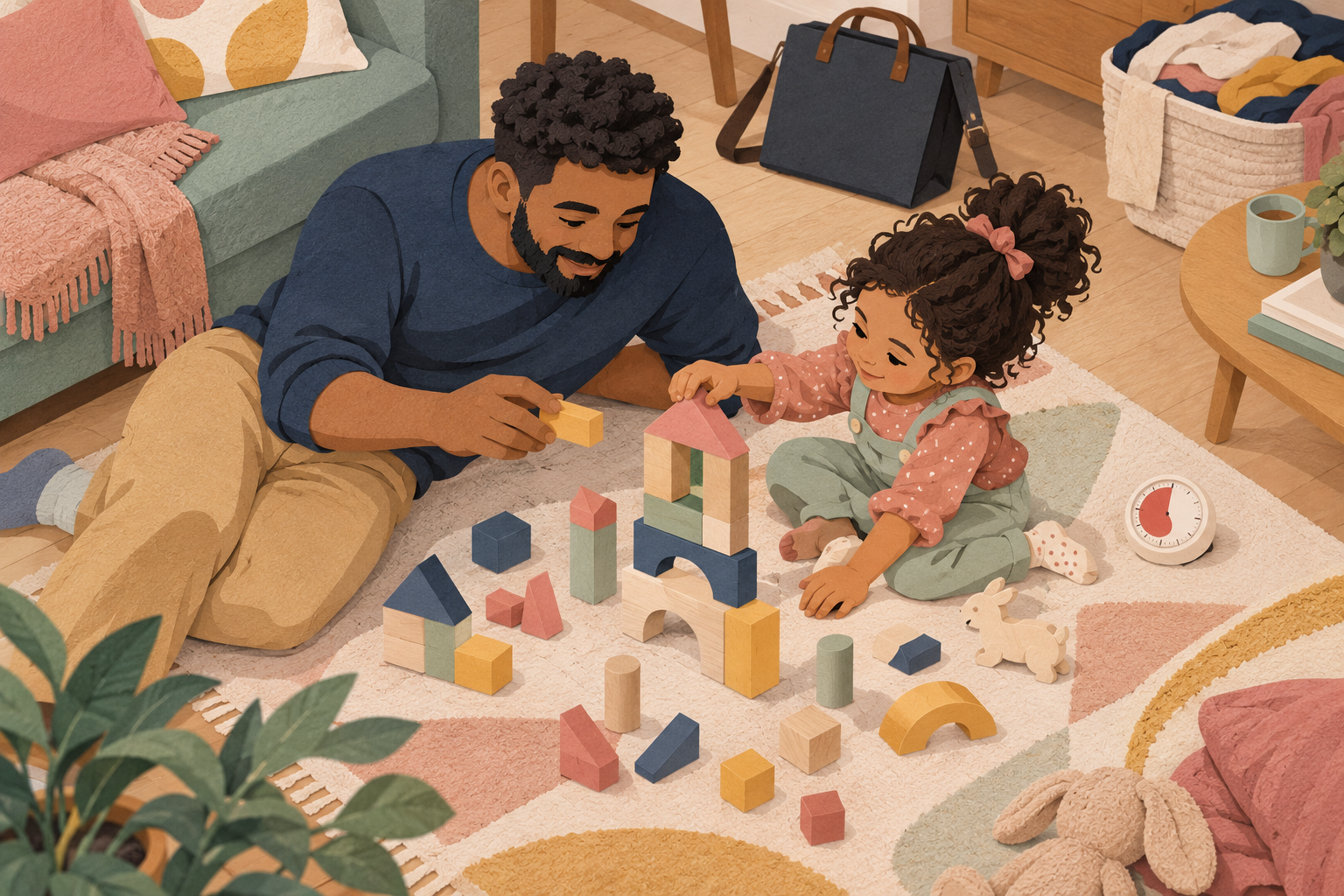 A father and young daughter sharing child-led block play on the floor