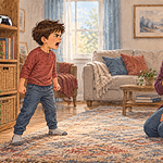 A calm parent listening from a respectful distance while a child shouts