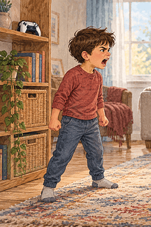 A calm parent listening from a respectful distance while a child shouts