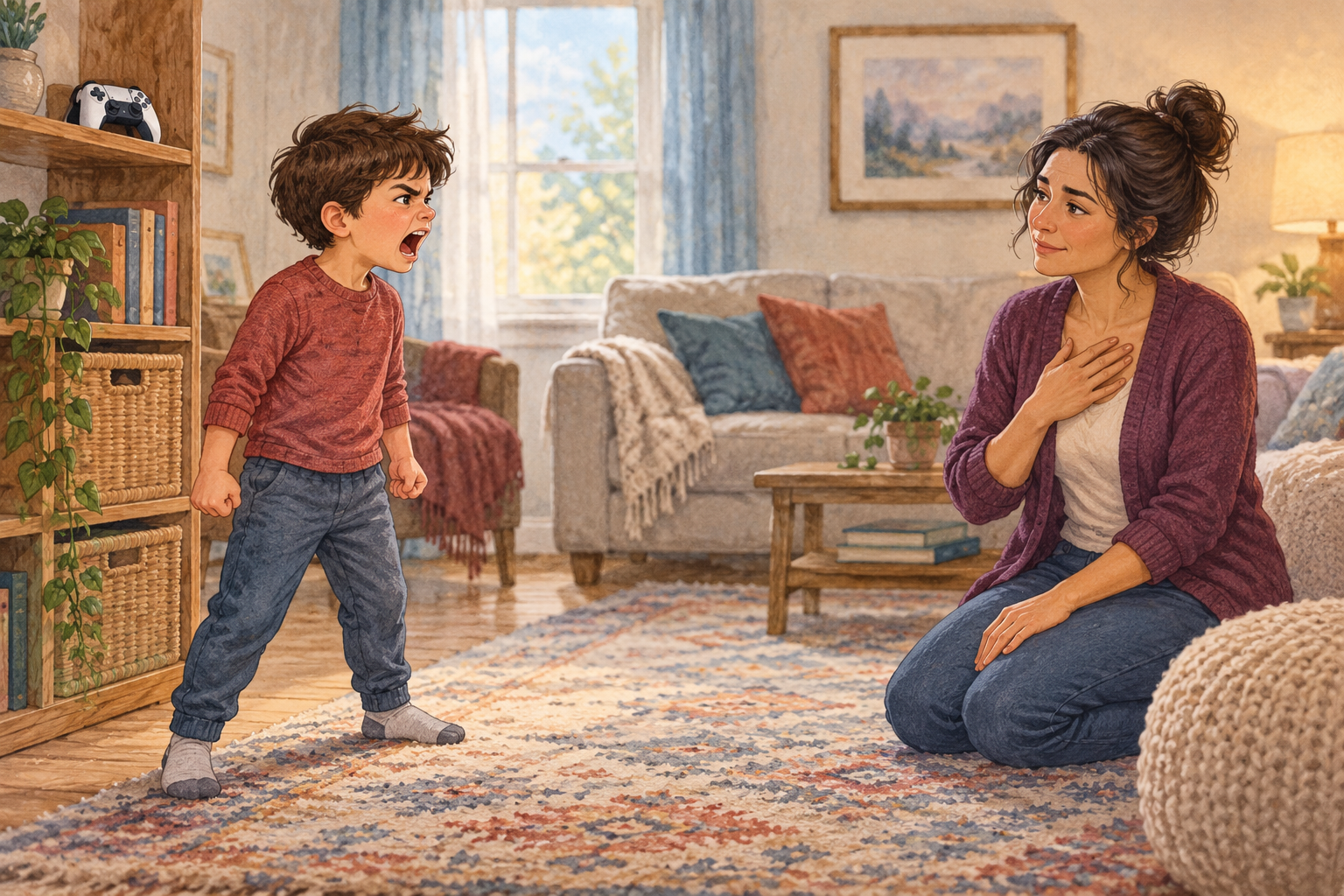A calm parent listening from a respectful distance while a child shouts