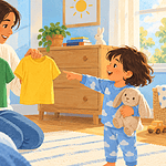 A caregiver offering a child a choice between a green shirt and a yellow shirt