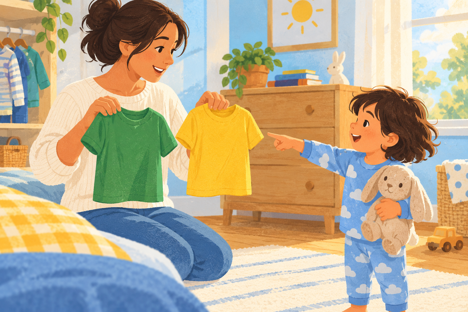 A caregiver offering a child a choice between a green shirt and a yellow shirt