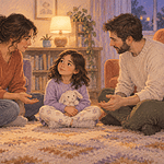Two caregivers sitting calmly with their child for a reassuring conversation