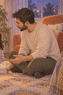 Two caregivers sitting calmly with their child for a reassuring conversation