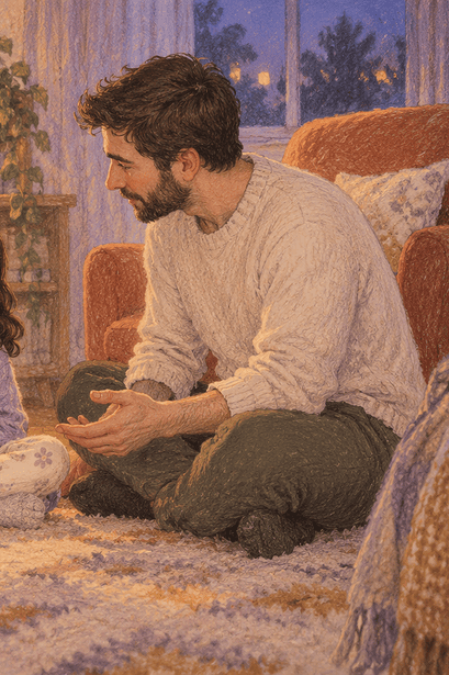 Two caregivers sitting calmly with their child for a reassuring conversation