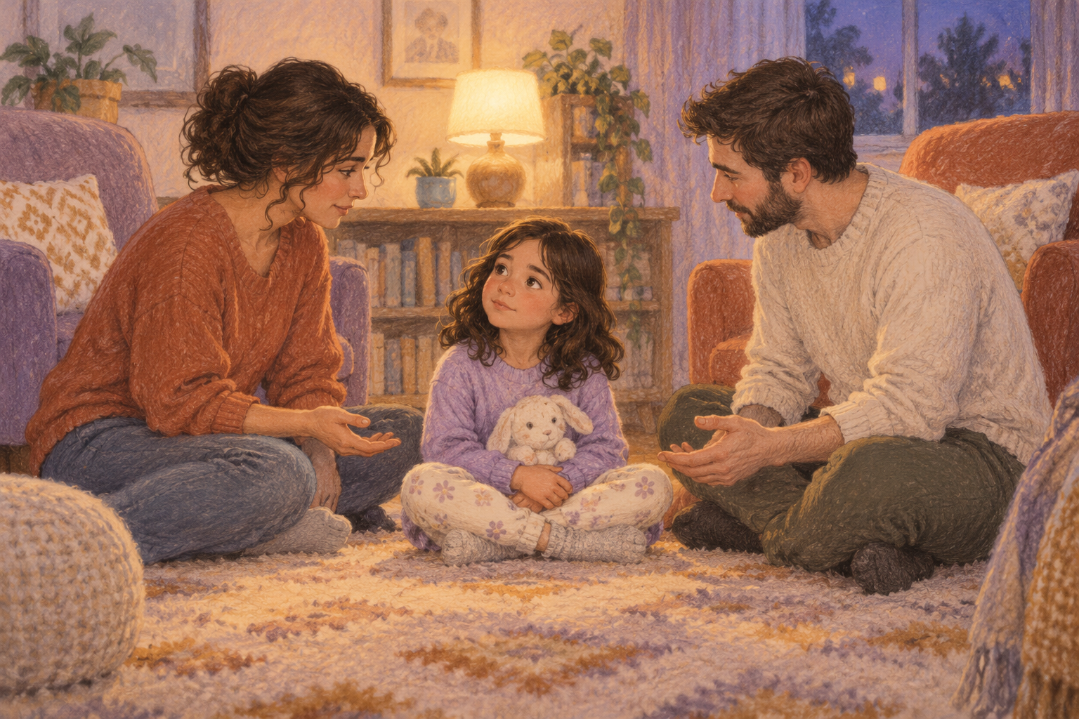 Two caregivers sitting calmly with their child for a reassuring conversation