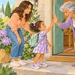 A child greeting a grandparent with a high-five while a parent looks on