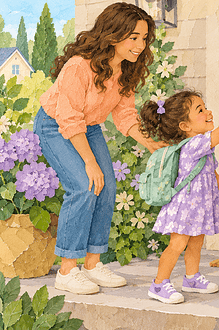 A child greeting a grandparent with a high-five while a parent looks on